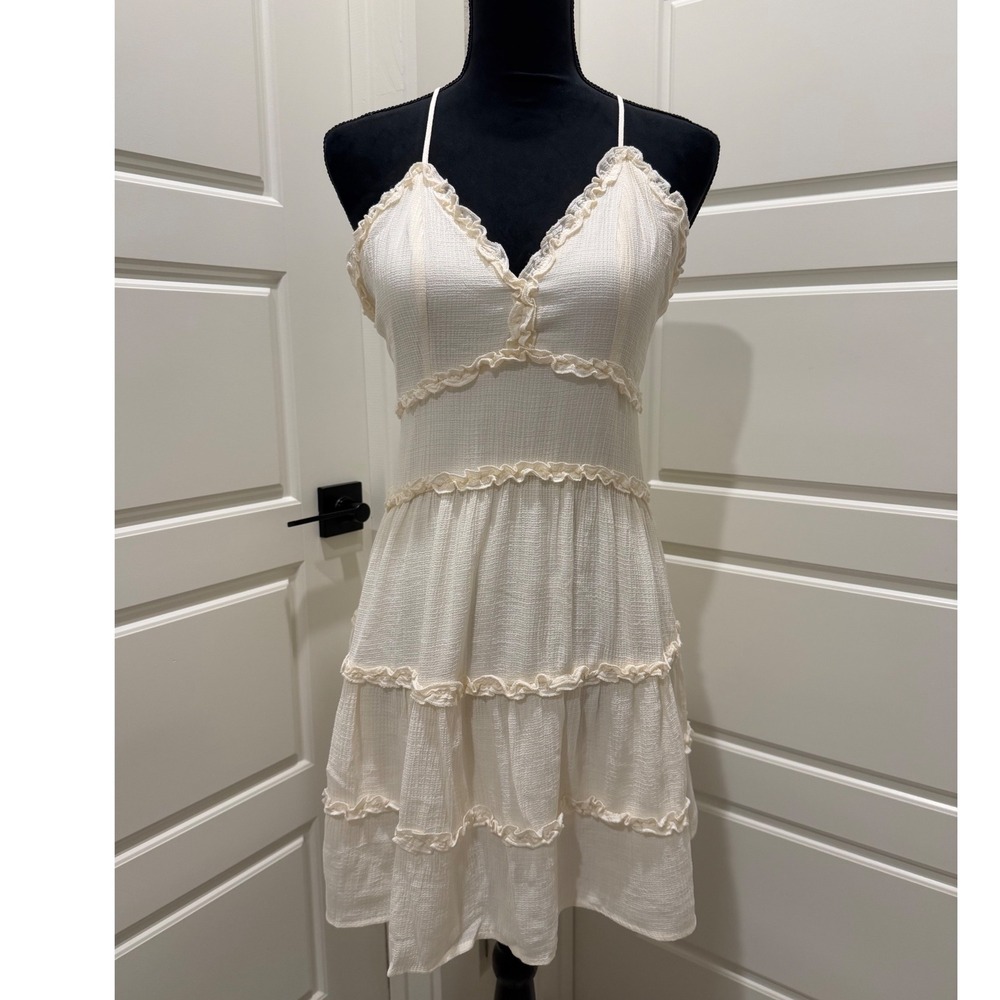 Love Tree Cottagrcore Ruffle Mini Dress Womens Small Ivory Crinkle Backless
